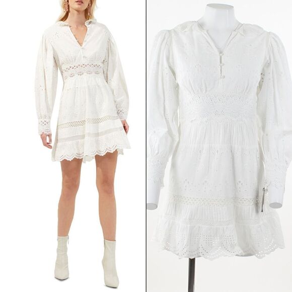 French Connection Broderie Long Sleeve Cotton Shirtdress in Linen White - Picture 1 of 5